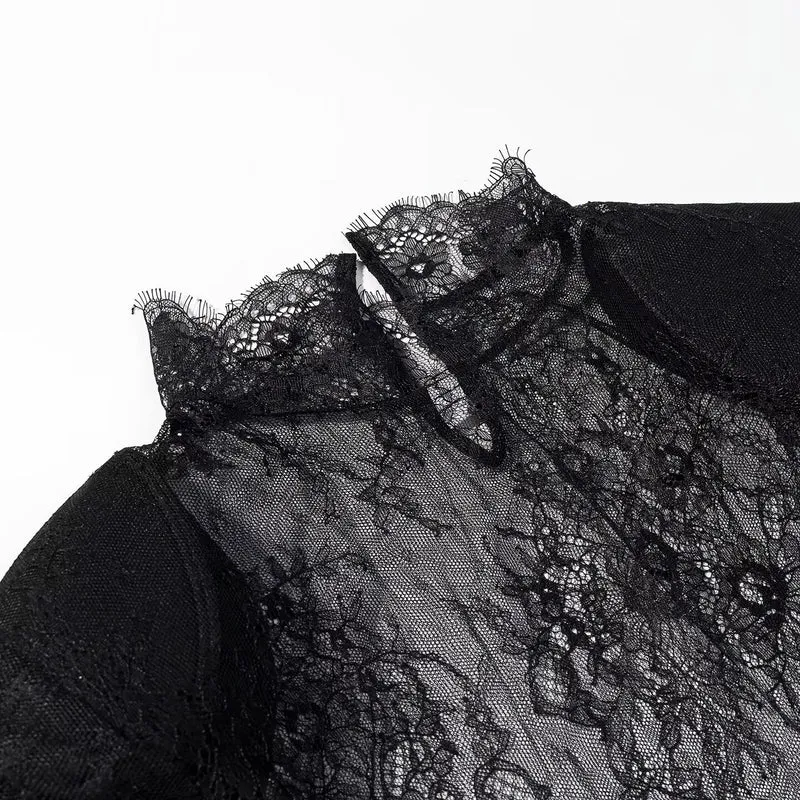 Damen transparente Spitzenbluse mit Stehkragen, Trompetenärmeln und Spitzensaum Drune