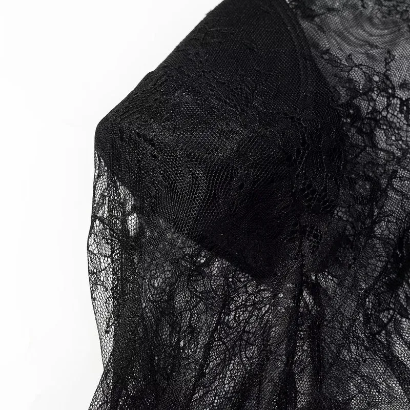 Damen transparente Spitzenbluse mit Stehkragen, Trompetenärmeln und Spitzensaum Drune