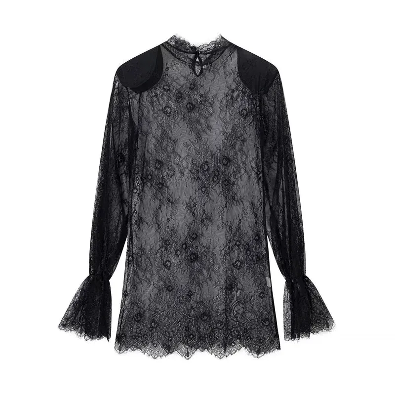 Damen transparente Spitzenbluse mit Stehkragen, Trompetenärmeln und Spitzensaum Drune