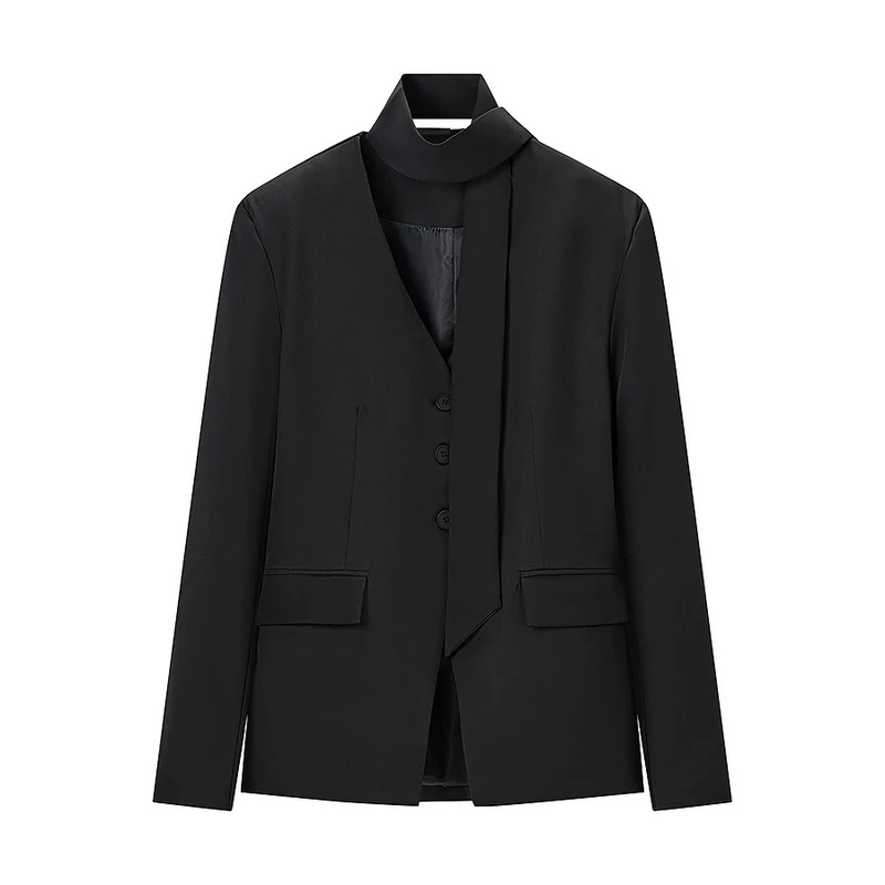 Damen Taillierter Kurzblazer mit Schluppe, V-Ausschnitt und Pattentaschen Drune