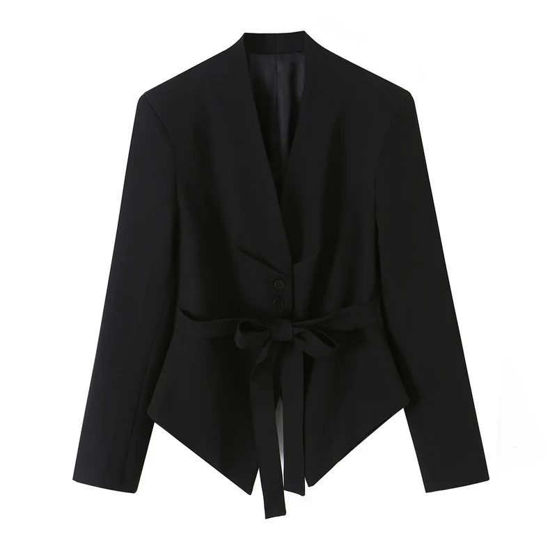 Damen Taillierter Blazer mit V-Ausschnitt, schmaler Bundschärpe und spitzem Saum Drune