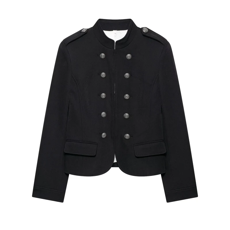 Damen Taillierte Military-Shortjacke mit Stehkragen und Doppelreihe Drune