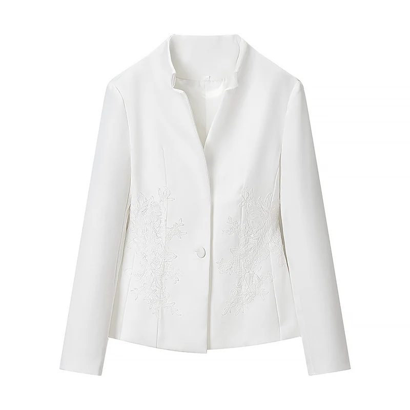 Damen Taillierte Kurzjacke mit Stehkragen und floraler Stickerei Drune