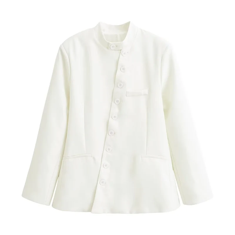 Damen Taillierte Blazer‑Jacke mit Stehkragen, asymmetrischer Knopfleiste und Eingrifftaschen Drune