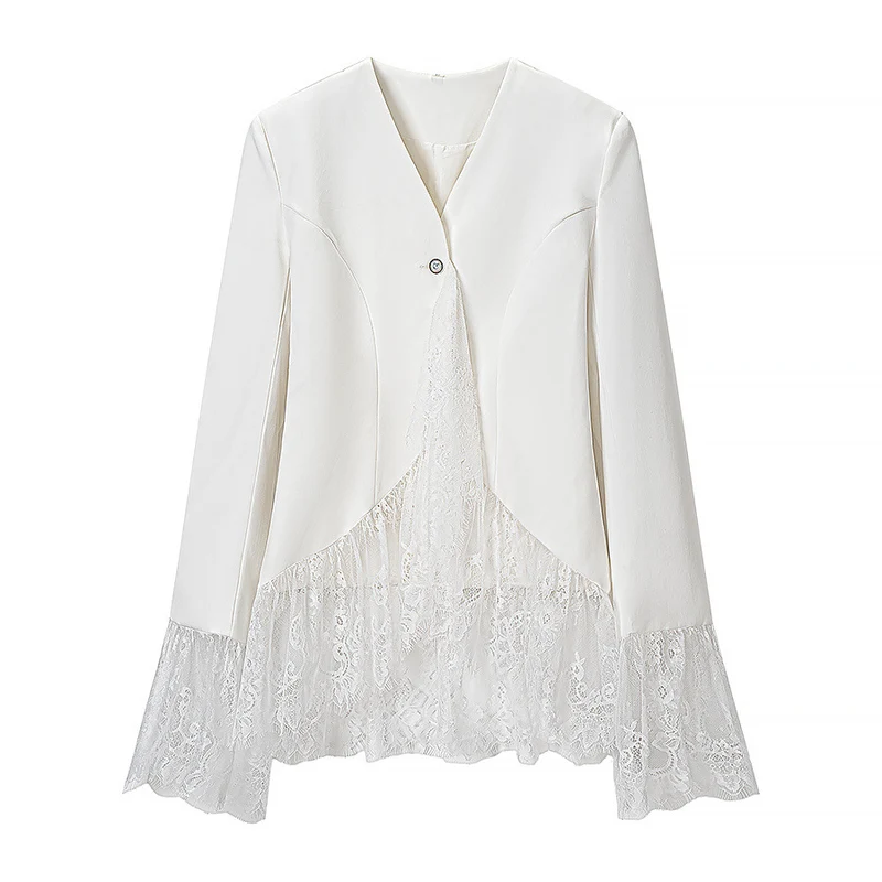 Damen Spitzenjacke mit taillierter Passform, ausgestelltem Spitzenbesatz und V-Ausschnitt Drune