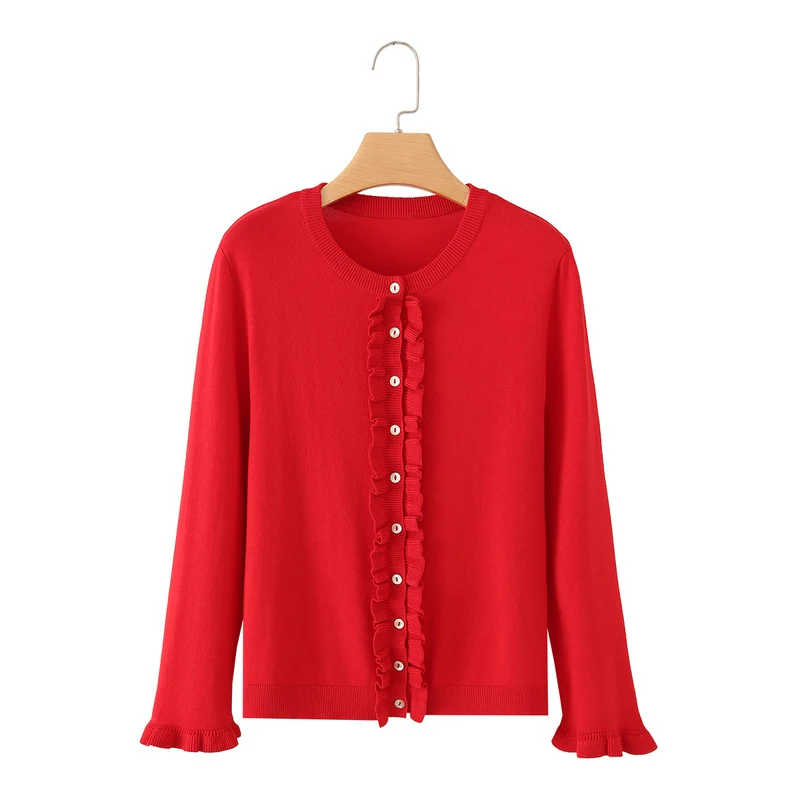 Damen Rüschensaum Strickjacke mit Knopfleiste und Volantärmeln Drune