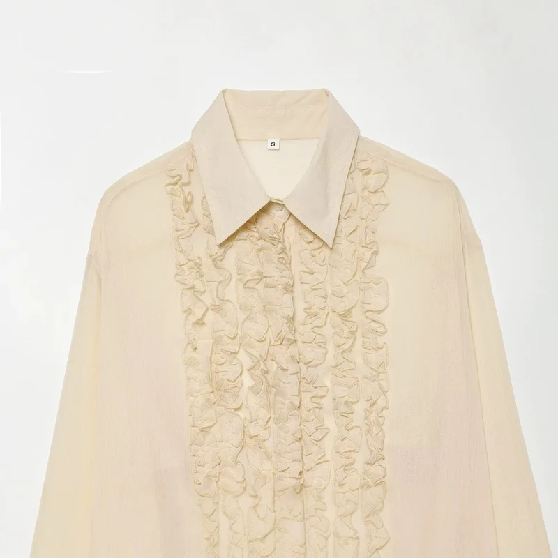 Damen Rüschengesäumte Chiffonbluse mit verdeckter Knopfleiste und übergroßem Hemdkragen Drune