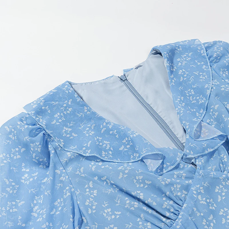 Damen Romantisches Stufen-Rüschen-Maxikleid mit V-Ausschnitt und Glockenärmeln Drune