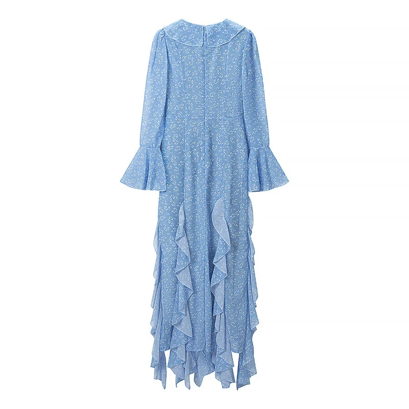 Damen Romantisches Stufen-Rüschen-Maxikleid mit V-Ausschnitt und Glockenärmeln Drune