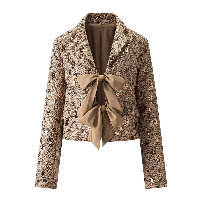 Damen Pailletten-Tweedjacke mit dekorativem Schleifenverschluss Drune