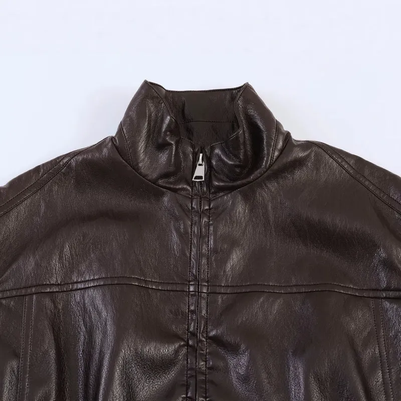 Damen Oversized Bomberjacke in Lederoptik mit hohem Stehkragen und gerafftem Taillenbund Drune