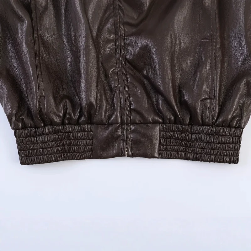 Damen Oversized Bomberjacke in Lederoptik mit hohem Stehkragen und gerafftem Taillenbund Drune