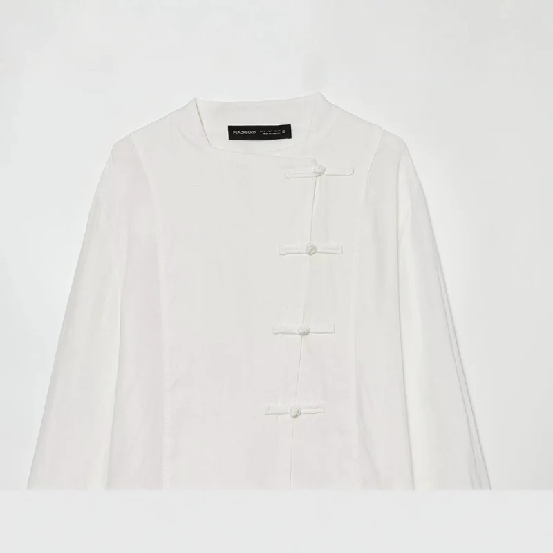 Damen Oversize Leinenbluse mit Stehkragen und chinesischen Knotenknöpfen Drune