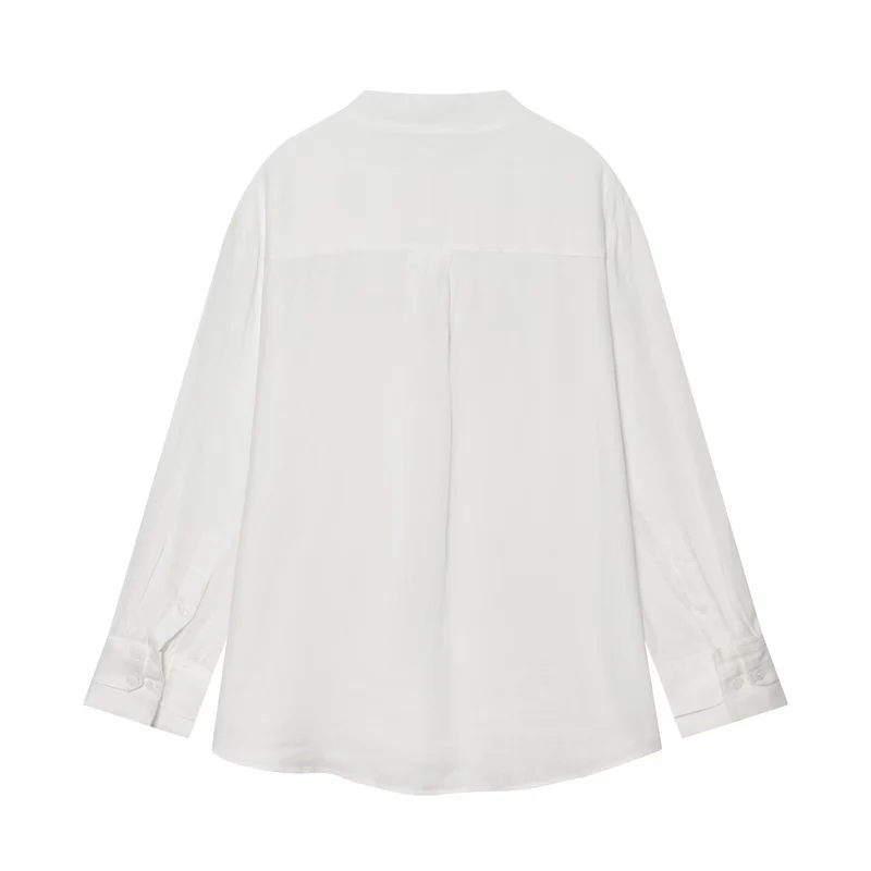 Damen Oversize Leinenbluse mit Stehkragen und chinesischen Knotenknöpfen Drune