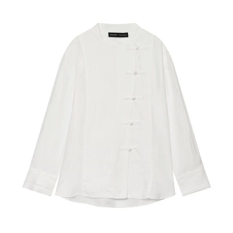 Damen Oversize Leinenbluse mit Stehkragen und chinesischen Knotenknöpfen Drune