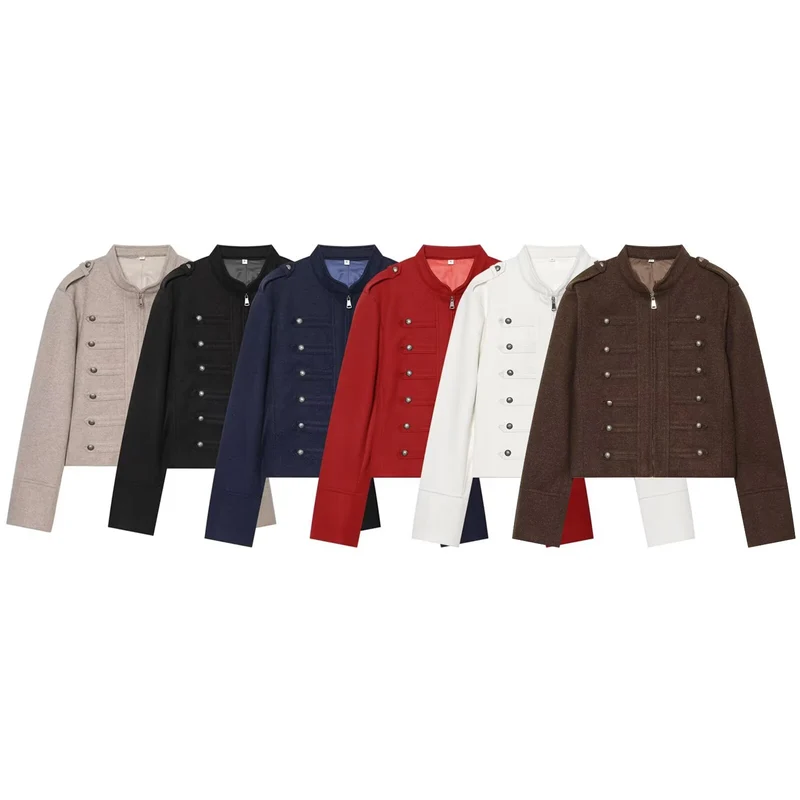 Damen Militärisch inspirierte kurze Wolljacke mit Stehkragen Drune