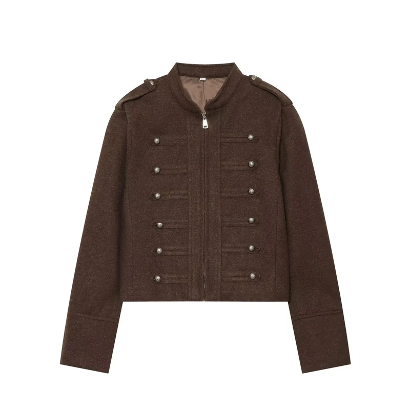 Damen Militärisch inspirierte kurze Wolljacke mit Stehkragen Drune