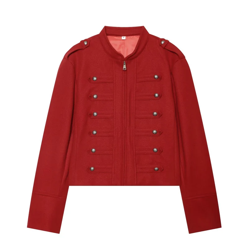 Damen Militärisch inspirierte kurze Wolljacke mit Stehkragen Drune