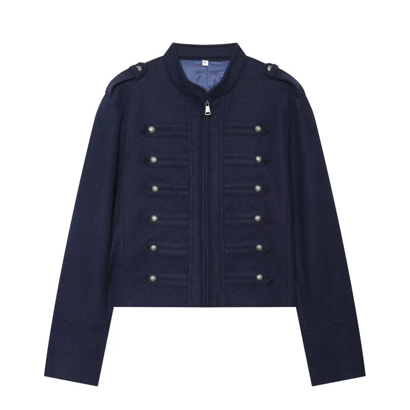 Damen Militärisch inspirierte kurze Wolljacke mit Stehkragen Drune
