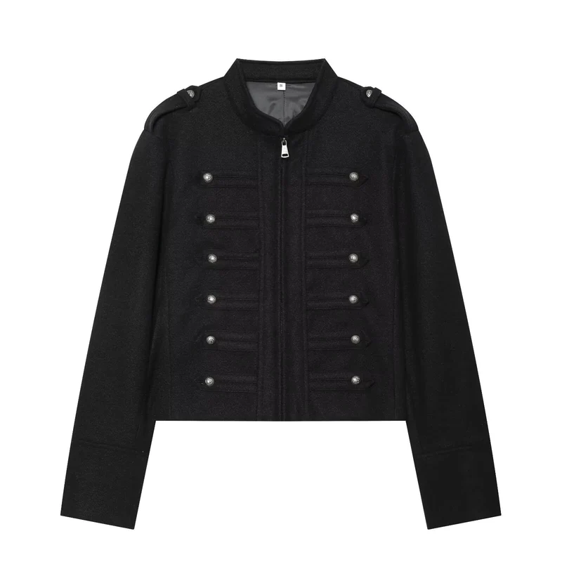 Damen Militärisch inspirierte kurze Wolljacke mit Stehkragen Drune