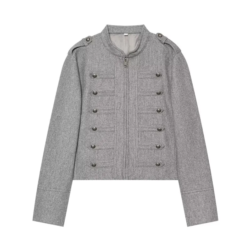 Damen Militärisch inspirierte kurze Wolljacke mit Stehkragen Drune