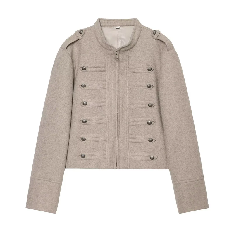 Damen Militärisch inspirierte kurze Wolljacke mit Stehkragen Drune