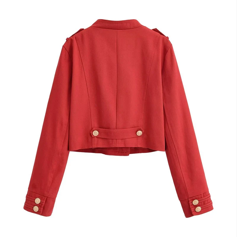 Damen Militärinspirierte Kurzjacke mit Stehkragen, Zierriegeln und goldenen Zierknöpfen Drune