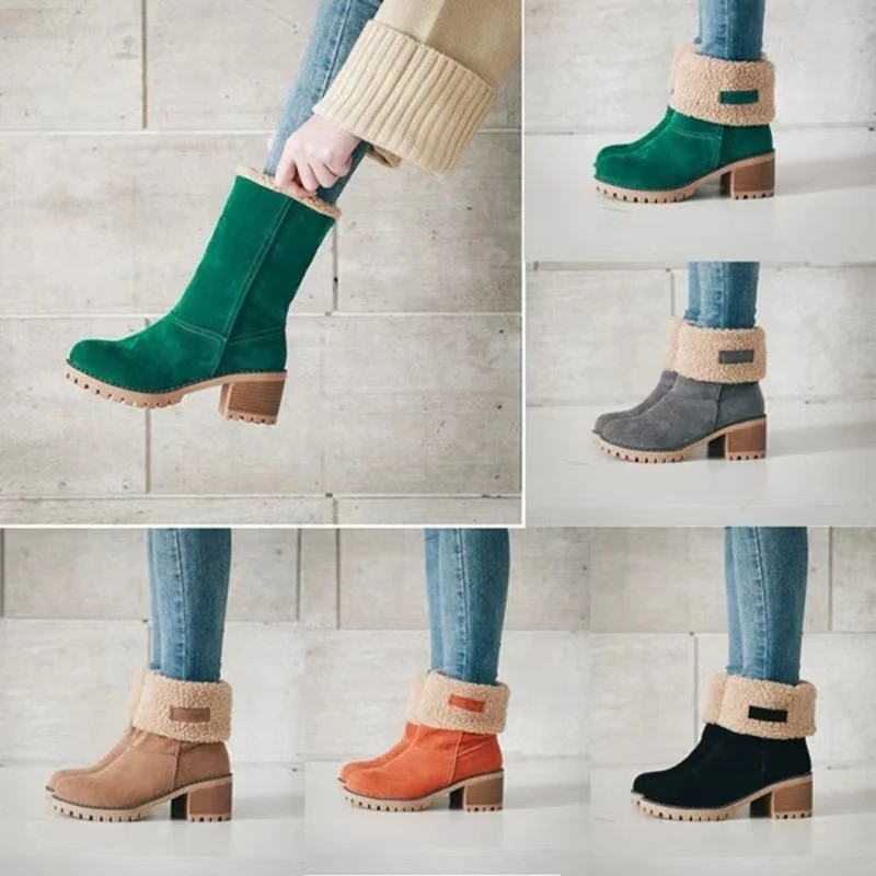 Damen Gefütterte Ankle-Boots mit Lammfell-Umschlag und profiliertem Blockabsatz Drune
