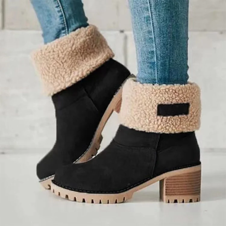 Damen Gefütterte Ankle-Boots mit Lammfell-Umschlag und profiliertem Blockabsatz Drune