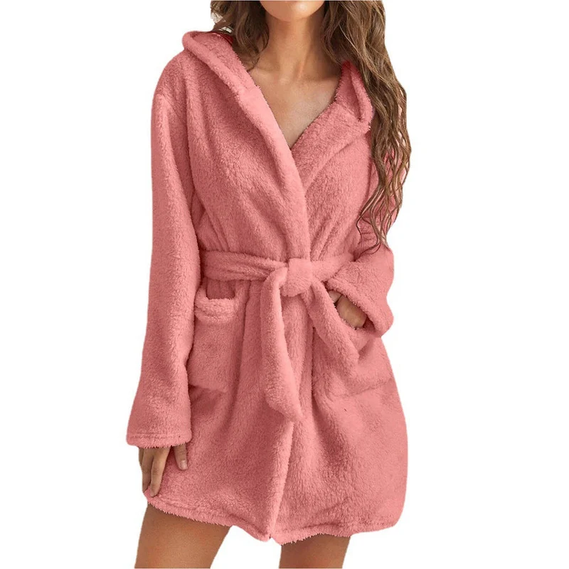 Damen Fleece Bademantel mit Kapuze und Gürtel Drune
