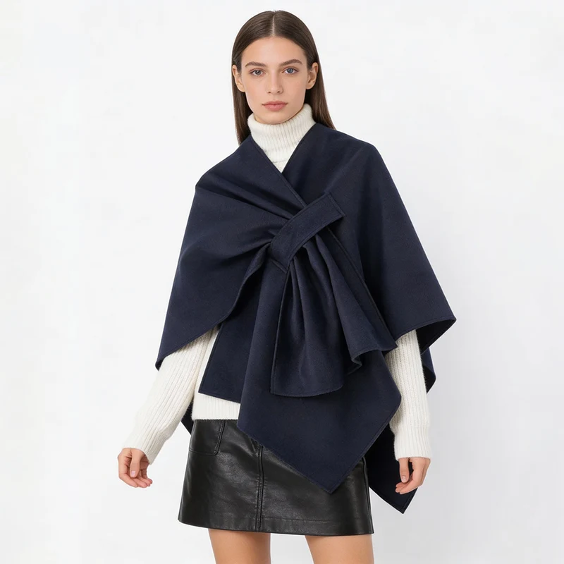 Damen Multifunktionaler Cape‑Überwurf aus Wollmix mit drapiertem Knotendetail Drune