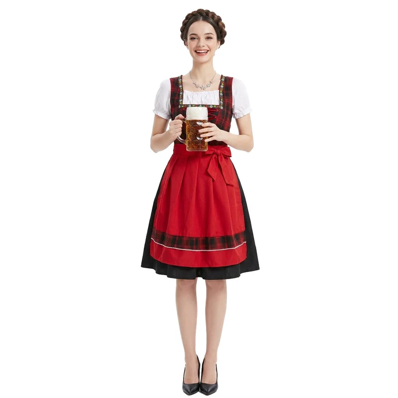 Damen nan traditionelles Dirndlkleid mit Schürze geschnürtem Mieder und kariertem Oberteil Drune