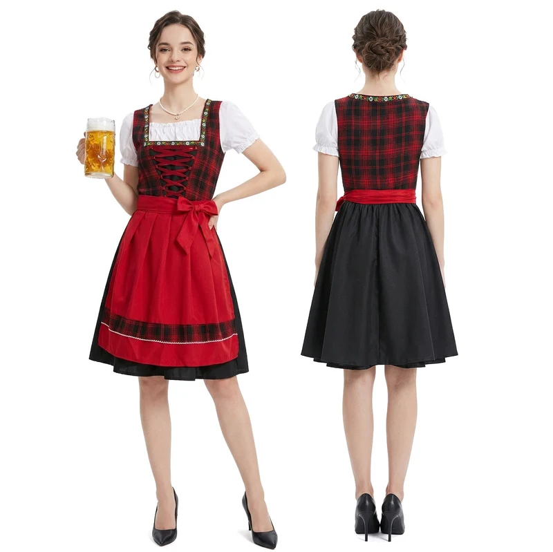 Damen nan traditionelles Dirndlkleid mit Schürze geschnürtem Mieder und kariertem Oberteil Drune