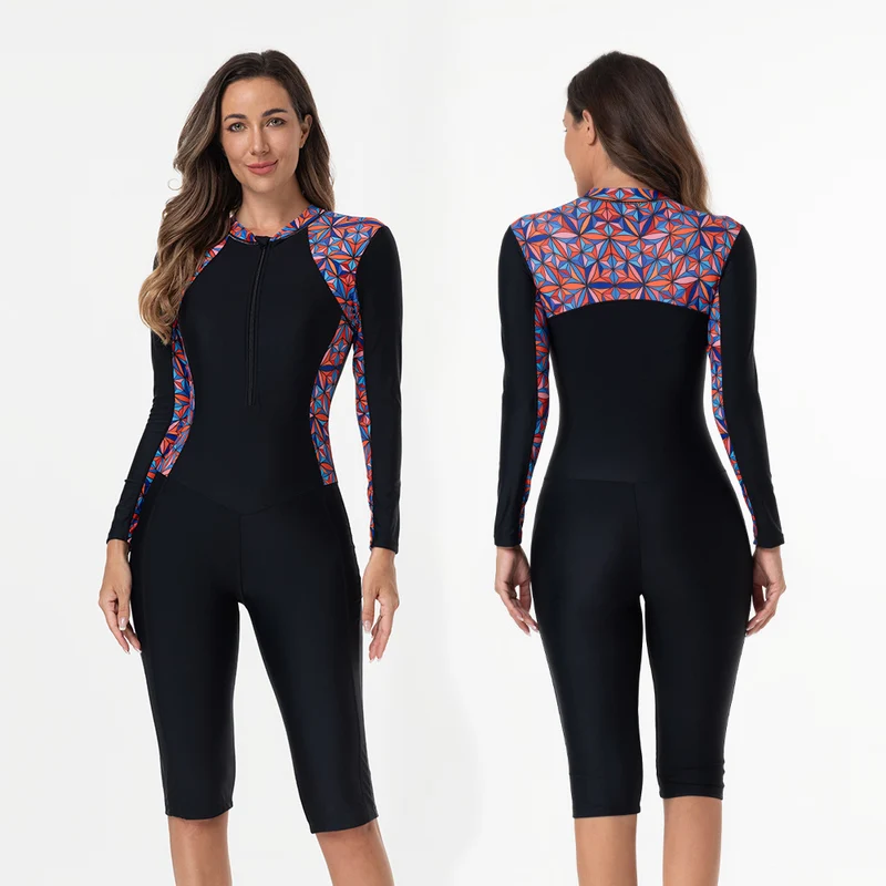Damen Sportlicher Langarm-Neoprenanzug mit lebhaftem Blumenmuster Drune