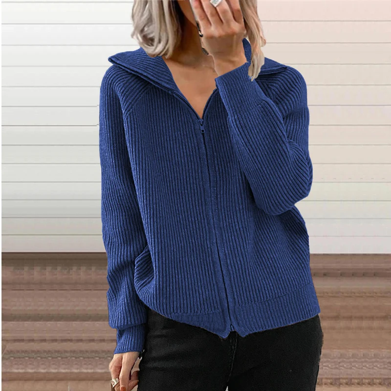 Damen lässige Strickjacke mit hohem Kragen und verdecktem Reißverschluss Drune