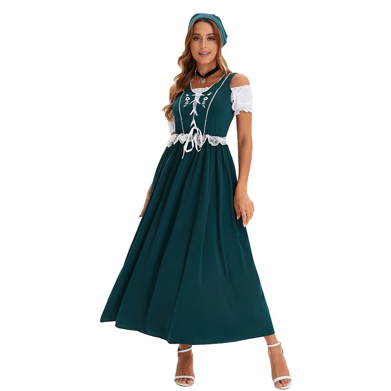 Damen nan langes Trachtenkleid im Dirndlstil mit Corsage-Schnürung und Spitzenbund Drune