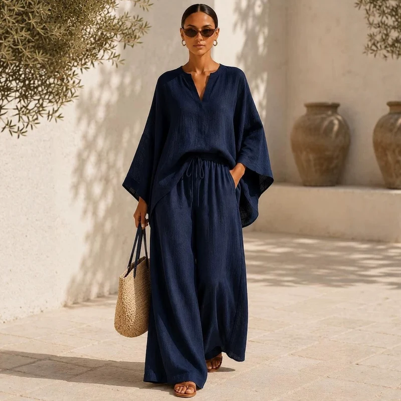 Damen Leichte Leinenmischung Übergroße Kaftan-Oberteil und Kordelzug Weitbein-Hosen Set Drune