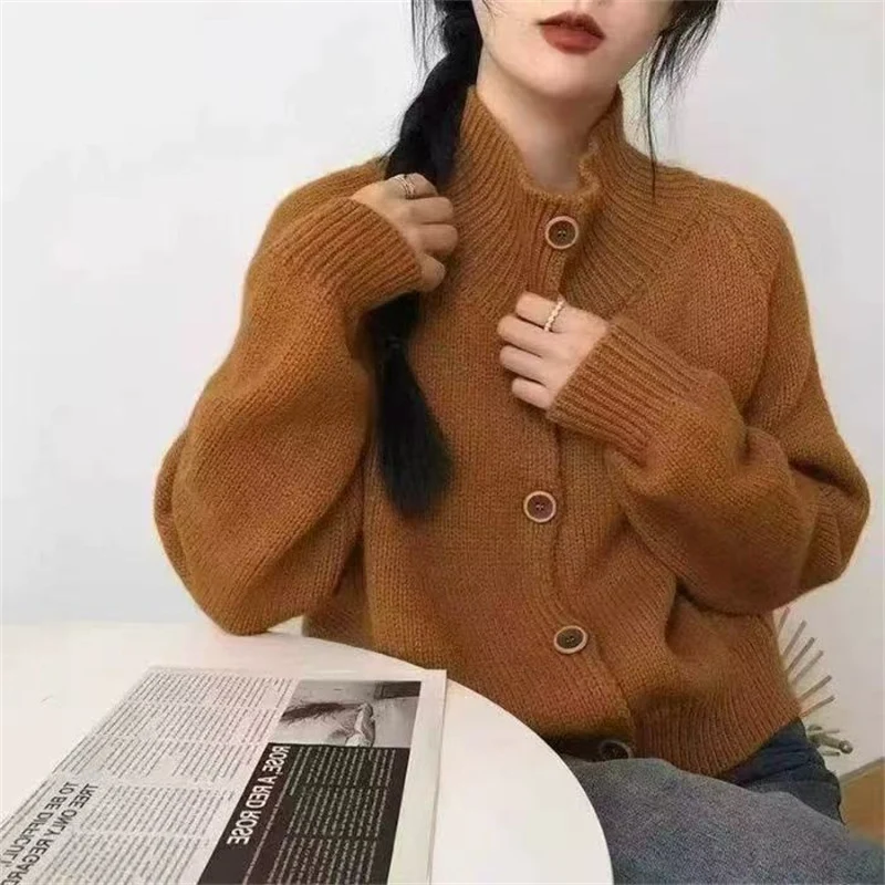 Damen kuscheliger Hochkragen-Cardigan mit Knopfdetails Drune