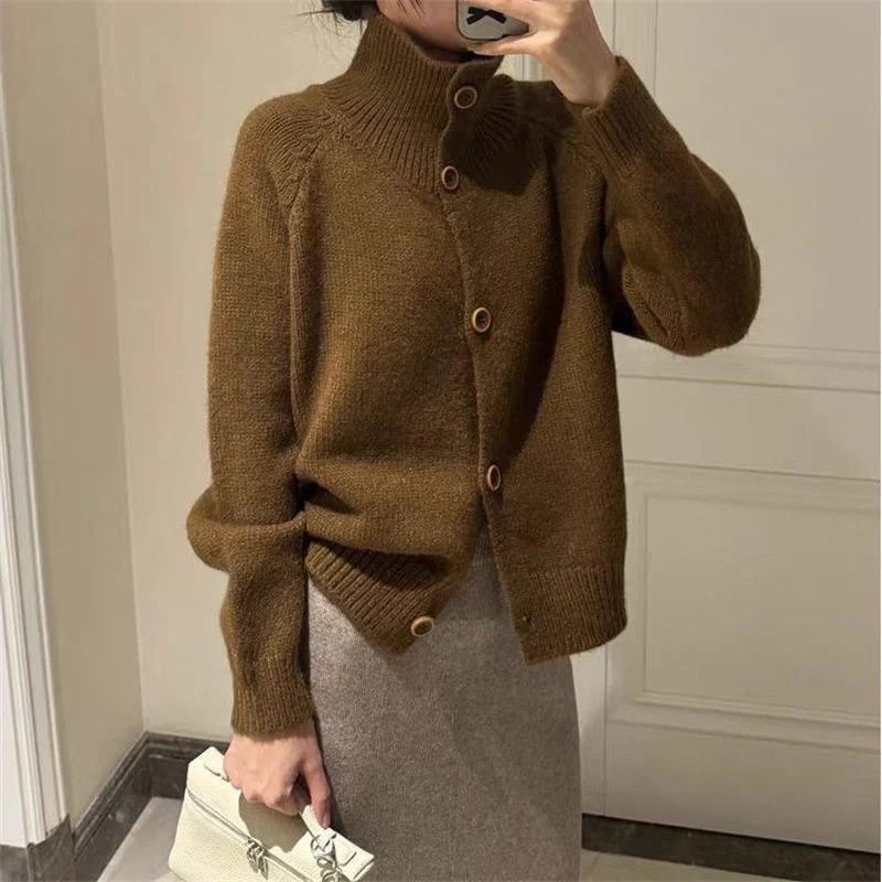 Damen kuscheliger Hochkragen-Cardigan mit Knopfdetails Drune