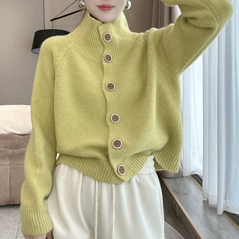 Damen kuscheliger Hochkragen-Cardigan mit Knopfdetails Drune