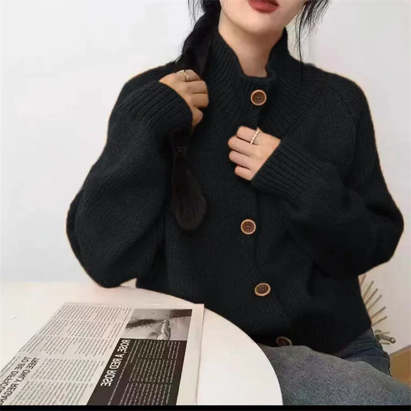 Damen kuscheliger Hochkragen-Cardigan mit Knopfdetails Drune