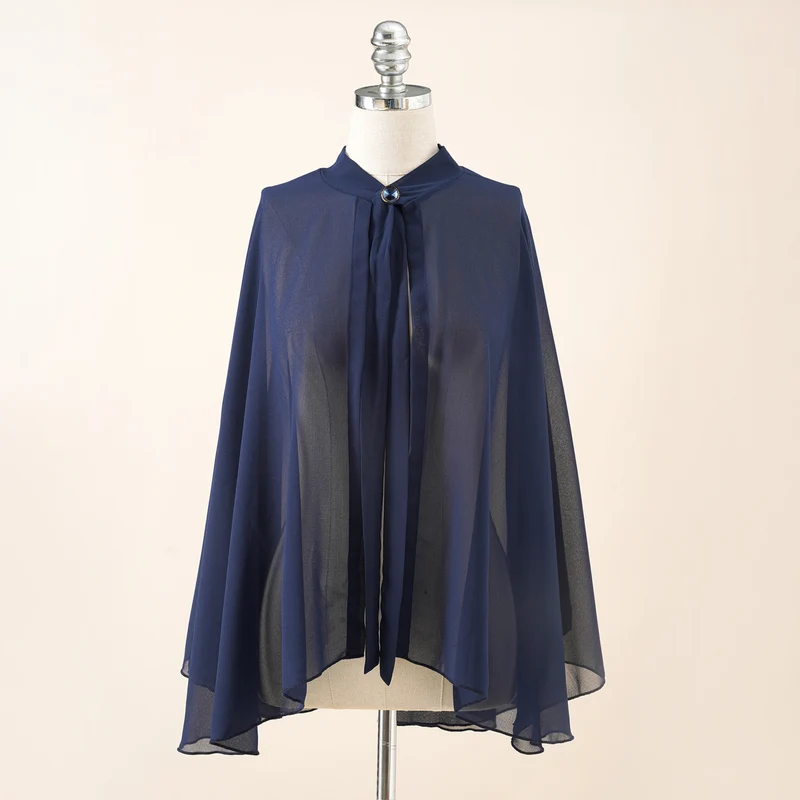 Damen Chiffon-Cape mit Schleifenkragen und Zierknopf Drune