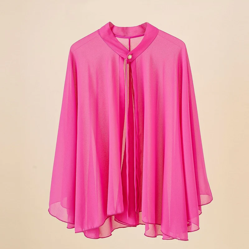 Damen Chiffon-Cape mit Schleifenkragen und Zierknopf Drune