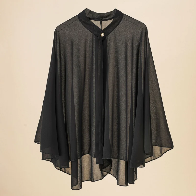 Damen Chiffon-Cape mit Schleifenkragen und Zierknopf Drune