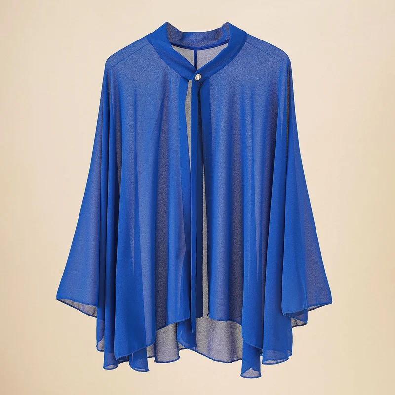 Damen Chiffon-Cape mit Schleifenkragen und Zierknopf Drune
