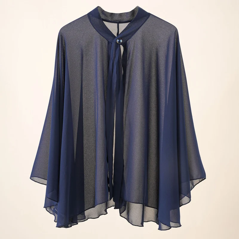 Damen Chiffon-Cape mit Schleifenkragen und Zierknopf Drune