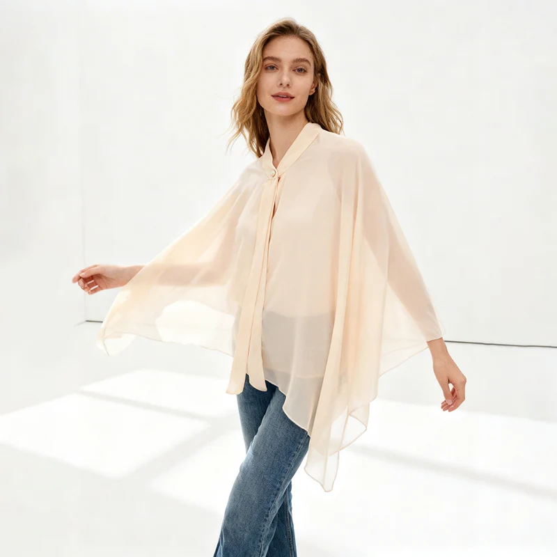 Damen Chiffon-Cape mit Schleifenkragen und Zierknopf Drune