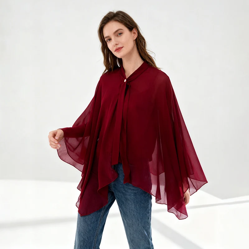 Damen Chiffon-Cape mit Schleifenkragen und Zierknopf Drune