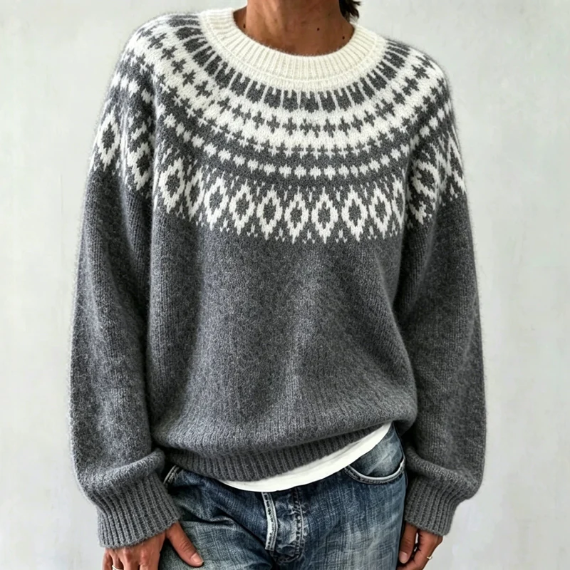 Damen Rundhalsausschnitt Norweger-Pullover mit Fair-Isle-Jacquard Drune