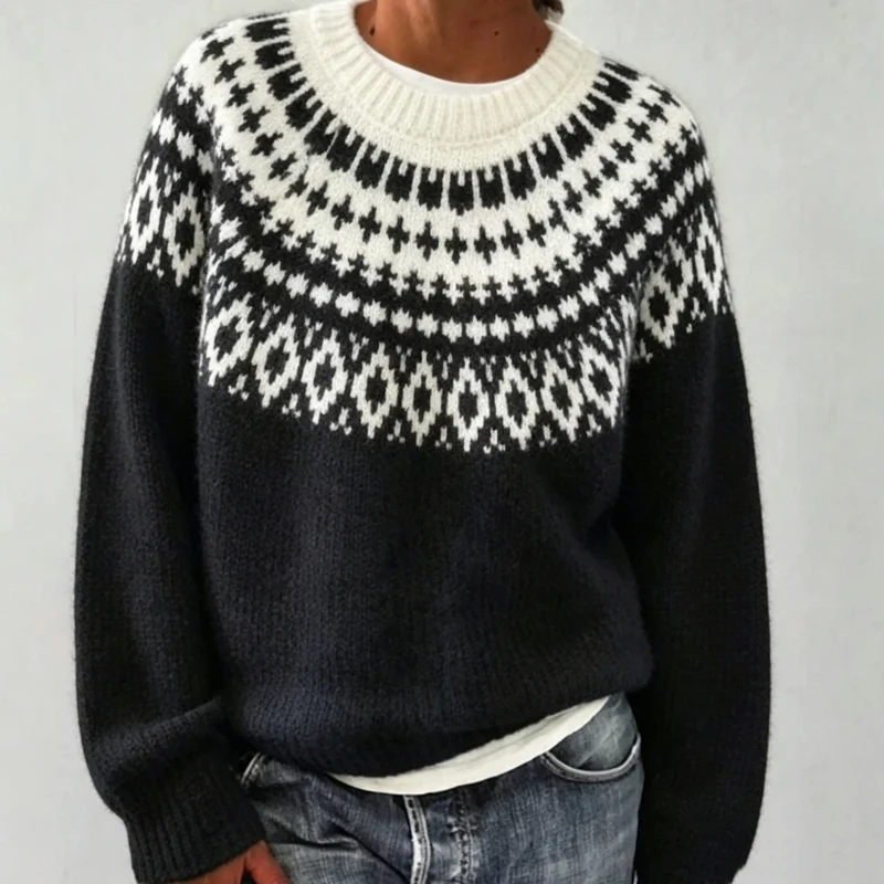 Damen Rundhalsausschnitt Norweger-Pullover mit Fair-Isle-Jacquard Drune